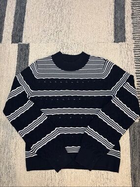 Club Monaco black & White Striped cotton sweater texture Knit mock neck mínimal
